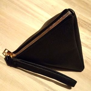 Black leather wristlet bag with gold zipper triangular